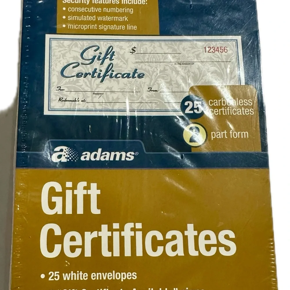 Adams Gift Certificates 2 Part Carbonless 25 with Envelopes